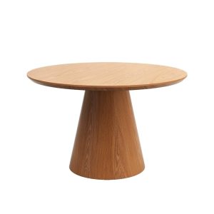 Solid wood round dining table with a smooth finish and sturdy pedestal base
