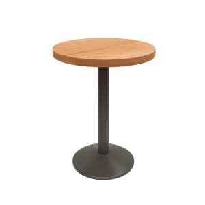 Round wooden top bar table with sturdy black metal base