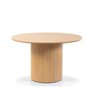 Round wooden dining table with vertical slats, suitable for commercial use
