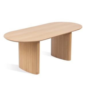 Oval-shaped wooden conference table with vertical slats