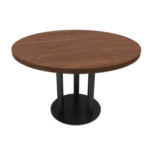Walnut-finished round dining table with black steel base