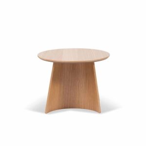 Oak wood round table with sturdy pedestal base, suitable for commercial use