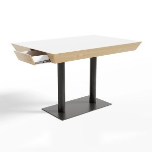 Modern conference table with wooden top and metal base, suitable for commercial use