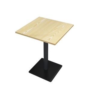 Square commercial table with wooden top and black metal base