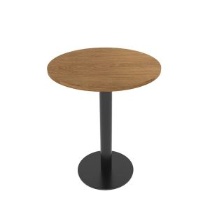 Round wooden table with black metal base, suitable for commercial use