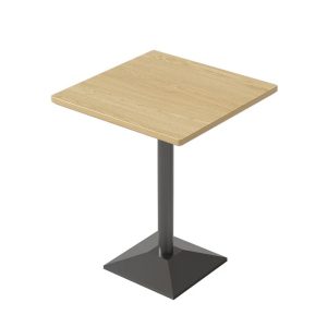 Square wooden dining table with metal base, suitable for commercial use