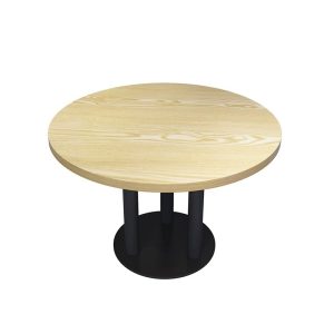 Round wooden dining table with black metal base, suitable for commercial use