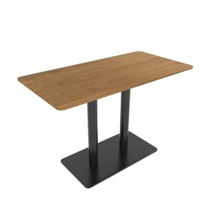 Walnut wood dining table with black metal base, suitable for commercial use