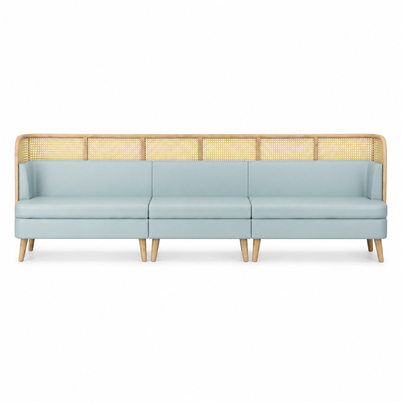 Commercial Blue Leather Sofa with Rattan Backrest