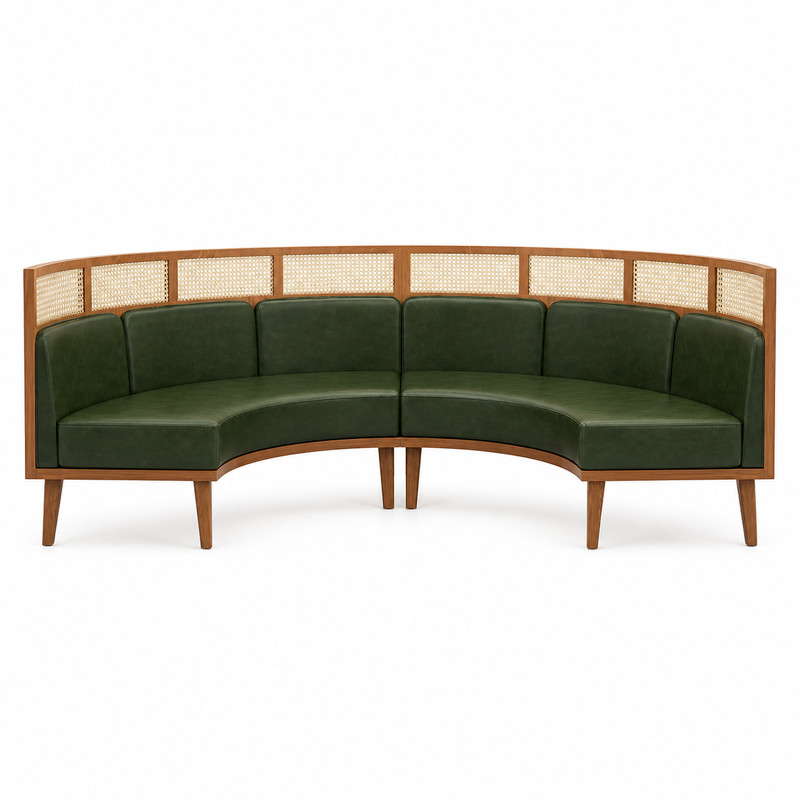 Curved Commercial Banquette Seating with Wood, Cane, Green Upholstery for Restaurants