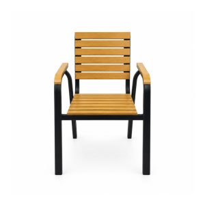 YMX-S-002 Outdoor Wood-Look Slat Armchair with Curved Black Frame front view