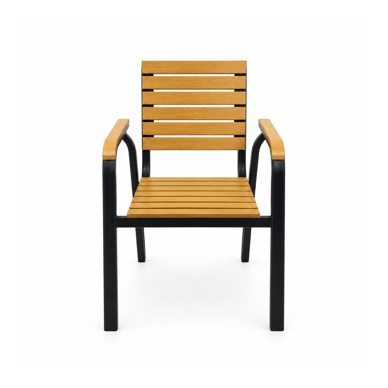 YMX-S-002 Outdoor Wood-Look Slat Armchair with Curved Black Frame
