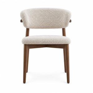 Boucle Upholstered Dining Chair with Walnut-Finish Wood Legs - front view - BK-DC-0042
