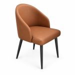 Cognac Upholstered Tub Dining Chair with Black Metal Legs - left angle view - BK-DC-0044