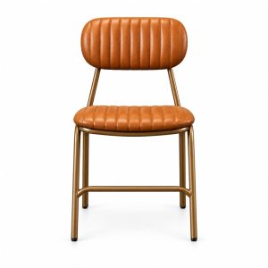Cognac Channel-Tufted Dining Chair with Bronze Frame - front view - BK-DC-0045