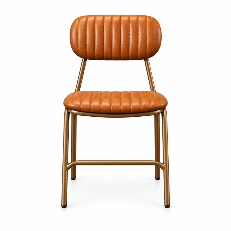 Cognac Channel-Tufted Dining Chair with Bronze Frame