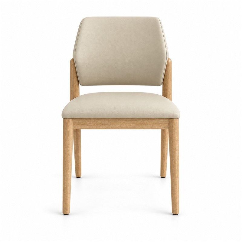 Beige Upholstered Dining Chair with Natural Wood Frame