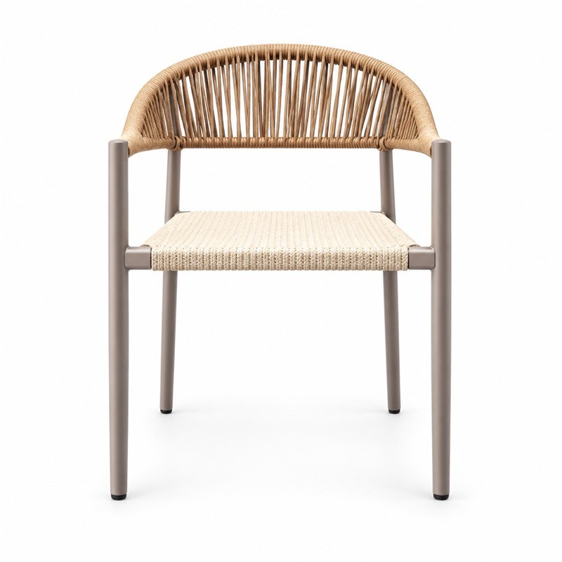 Tan Rope-Woven Outdoor Armchair with Taupe Metal Frame