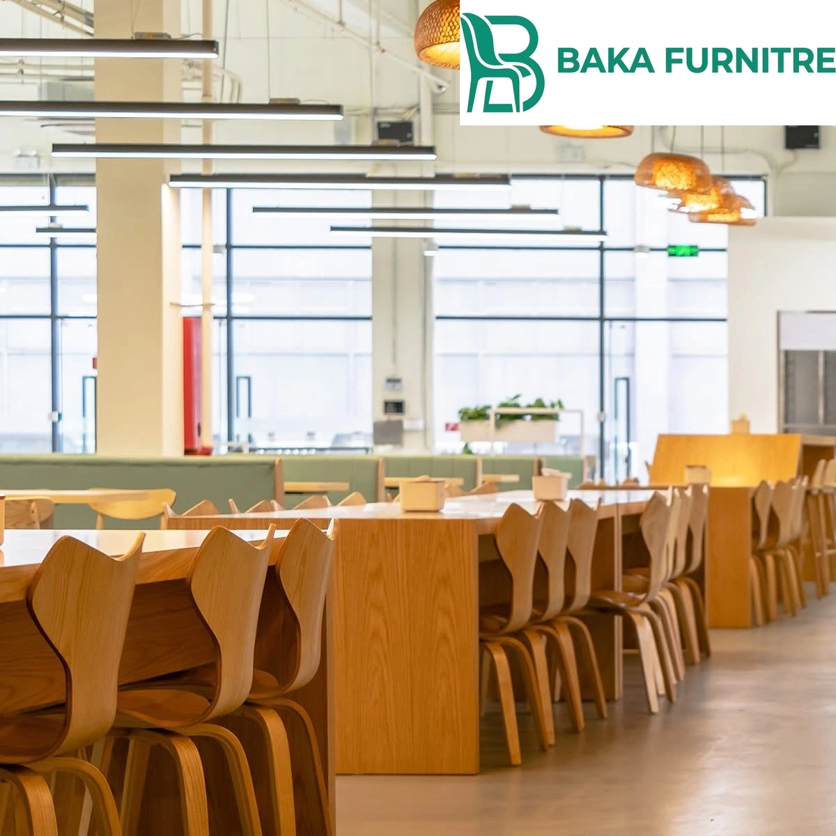 Curved plywood dining chairs and timber tables in a contemporary food-service dining area, project view 2