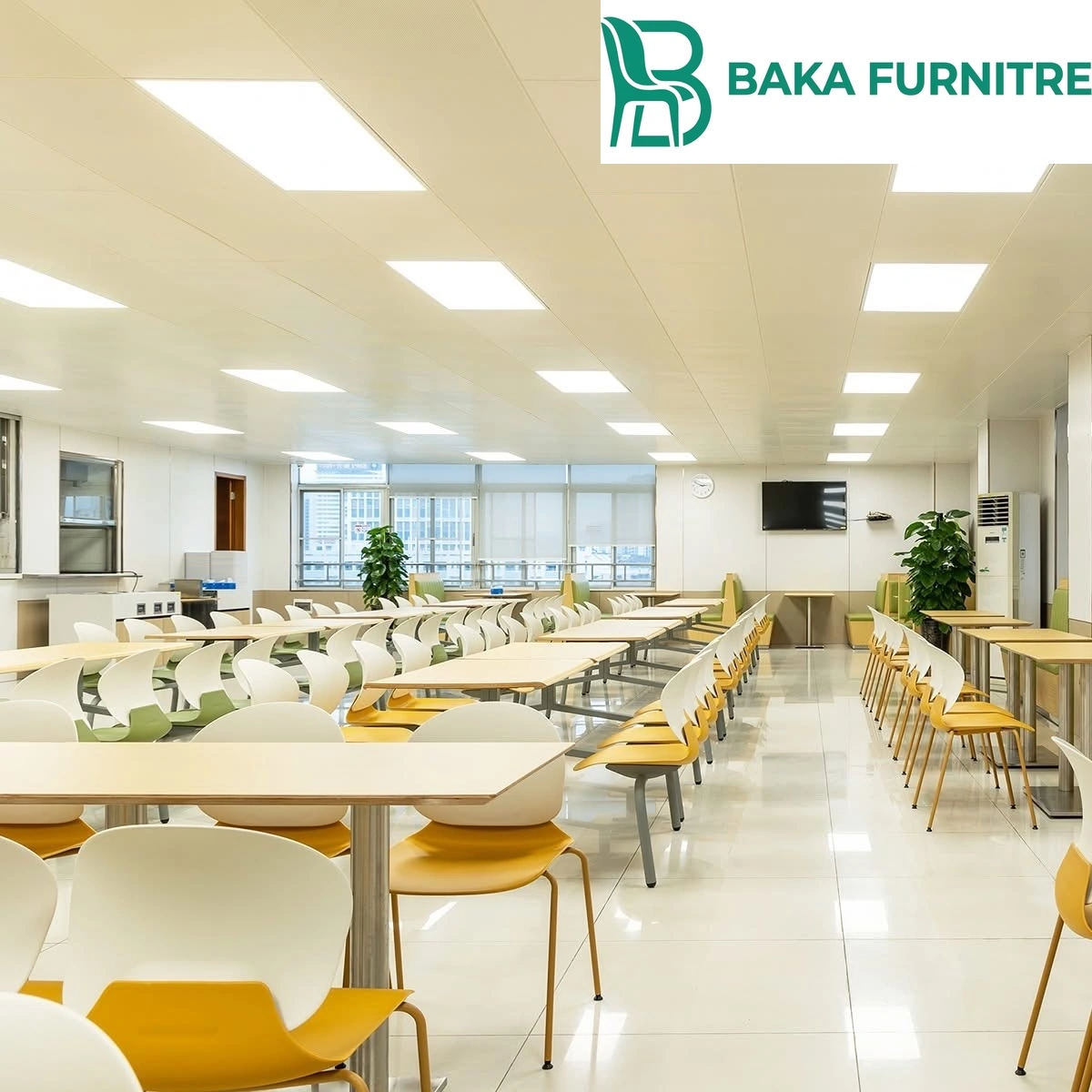 Beam seating, loose tables and green booth seating in a high-capacity institutional cafeteria, project view 8