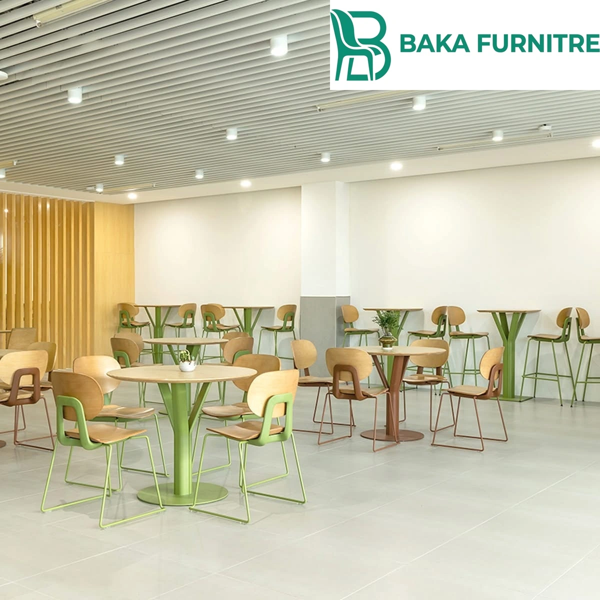 Yellow-accent dining chairs and pedestal tables in a light modern staff cafeteria, project view 2