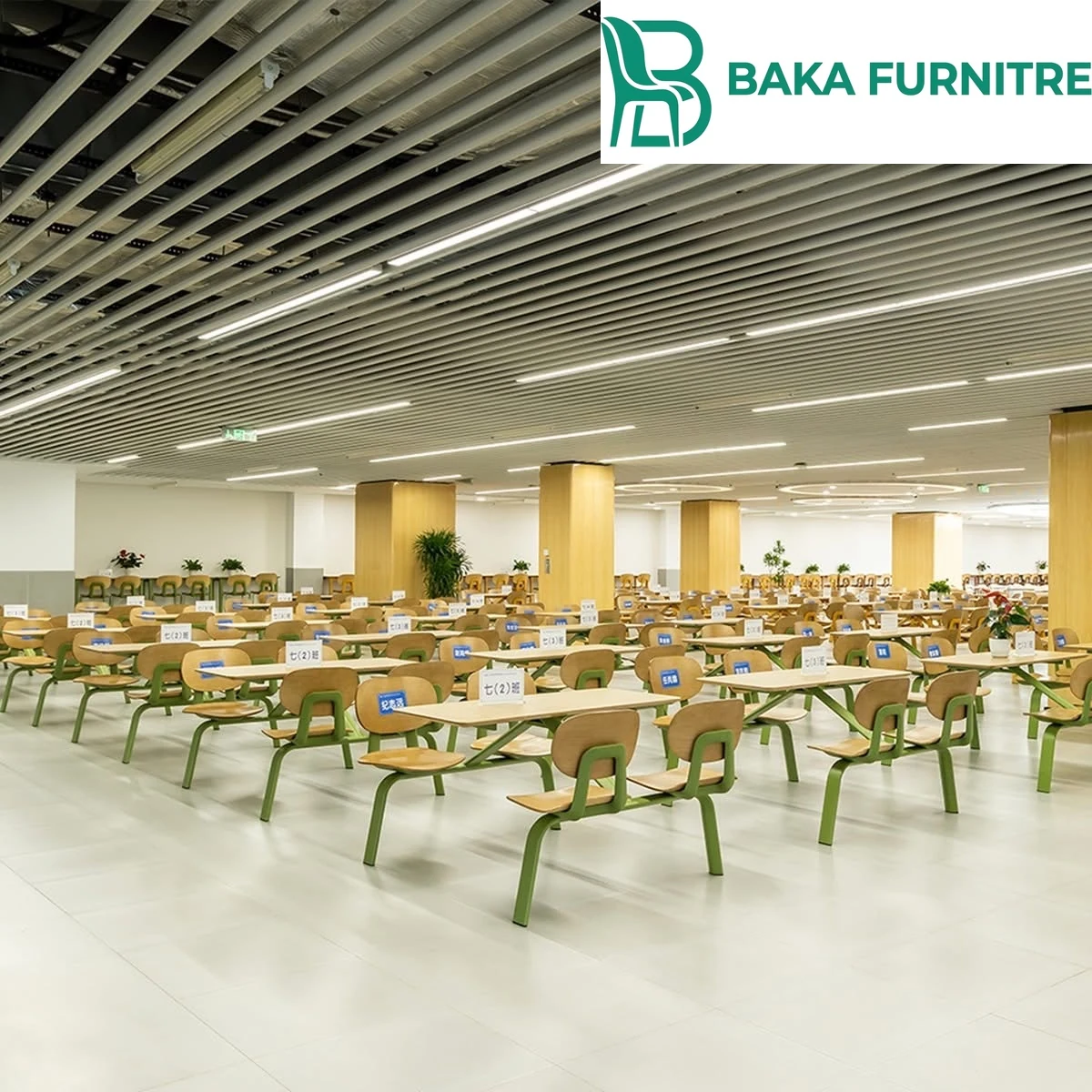 Yellow-accent dining chairs and pedestal tables in a light modern staff cafeteria, project view 3