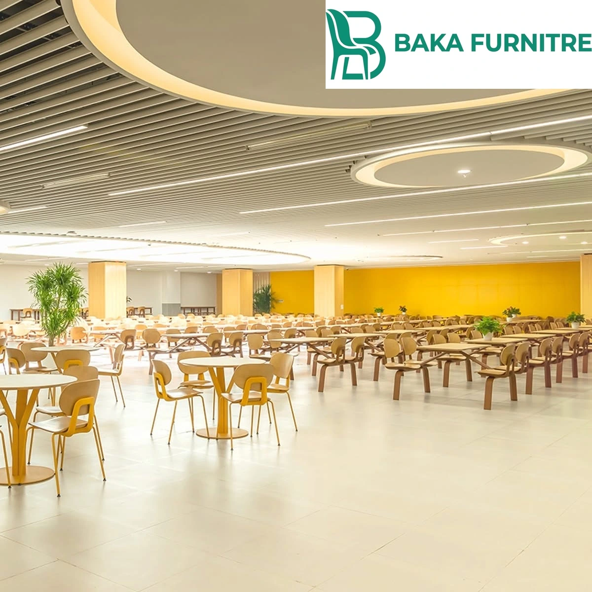 Yellow-accent dining chairs and pedestal tables in a light modern staff cafeteria, project view 4