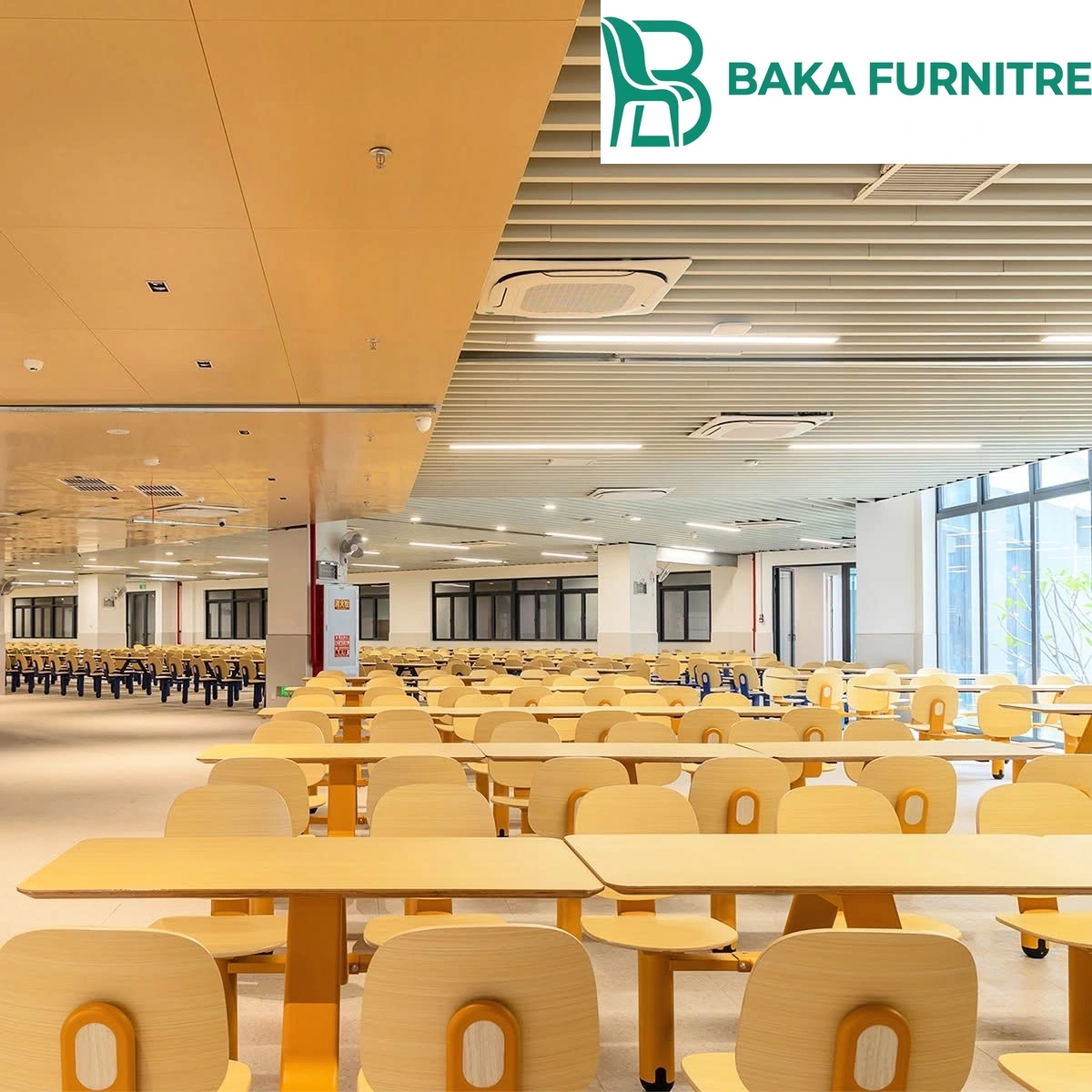 Integrated table-and-seat units with timber finishes in a durable high-capacity dining hall, project view 2