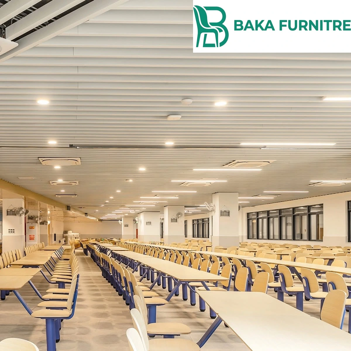 Integrated table-and-seat units with timber finishes in a durable high-capacity dining hall, project view 3