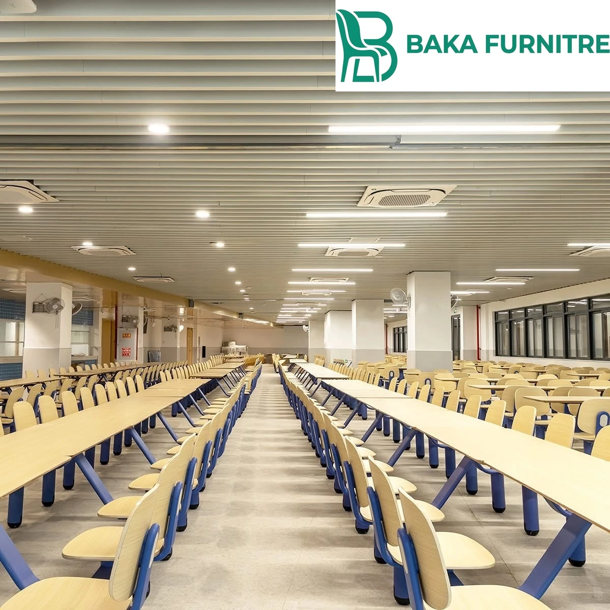 Integrated table-and-seat units with timber finishes in a durable high-capacity dining hall, project view 7
