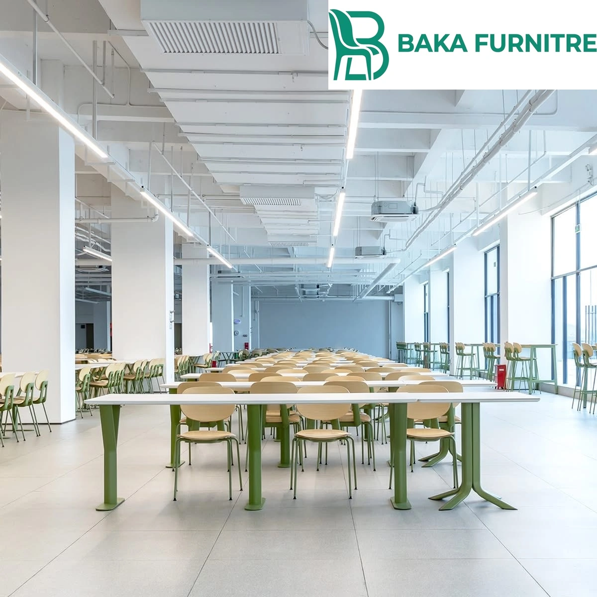 Green-frame dining chairs and coordinated tables in a flexible large-scale cafeteria, project view 3