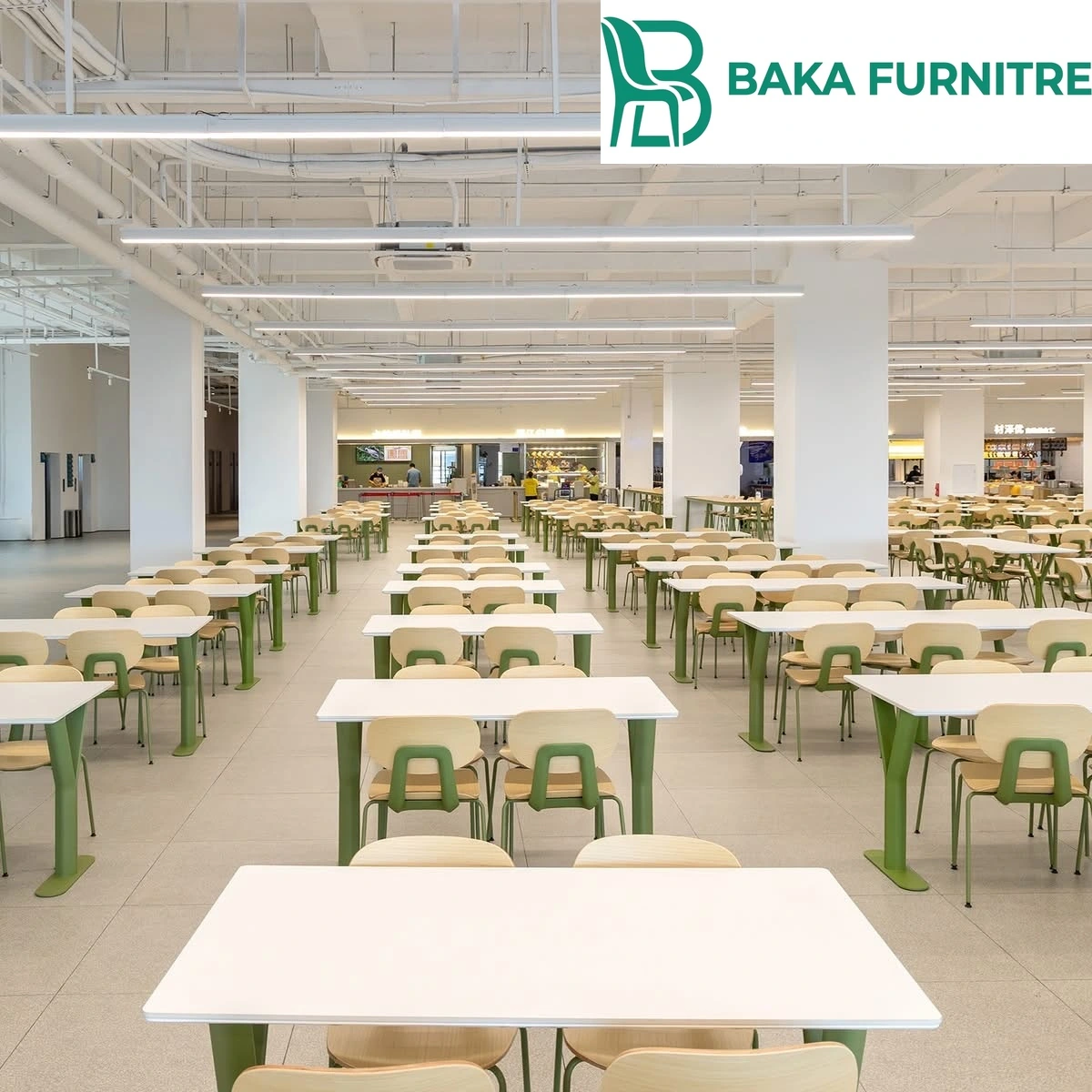 Green-frame dining chairs and coordinated tables in a flexible large-scale cafeteria, project view 4