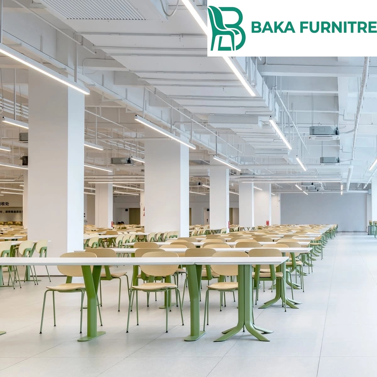 Green-frame dining chairs and coordinated tables in a flexible large-scale cafeteria, project view 6