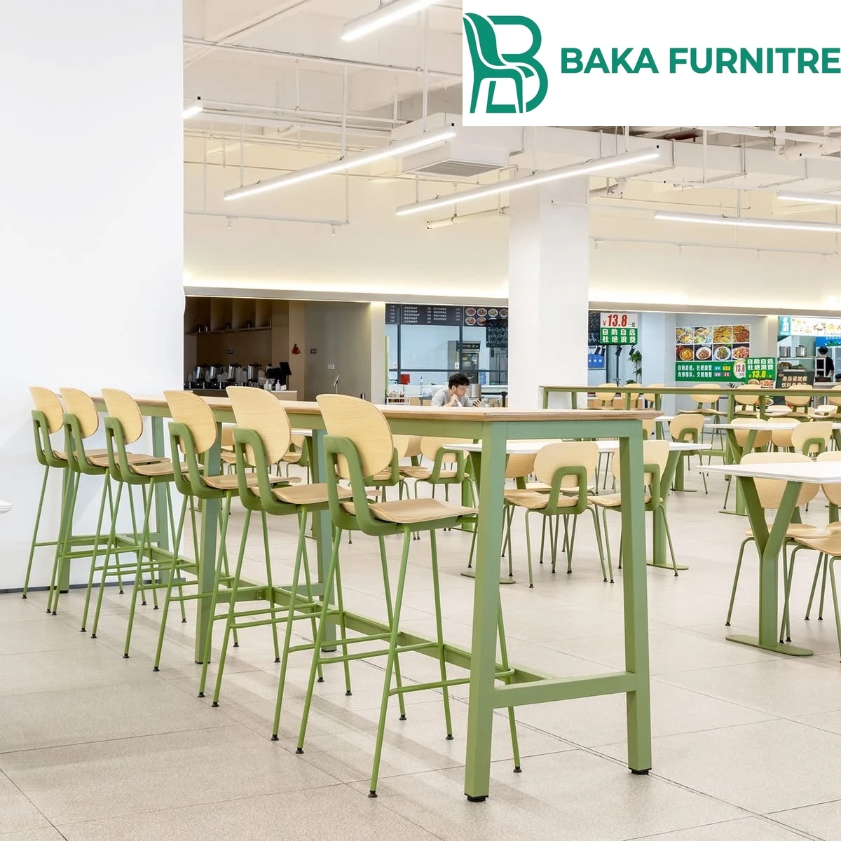 Green-frame dining chairs and coordinated tables in a flexible large-scale cafeteria, project view 7
