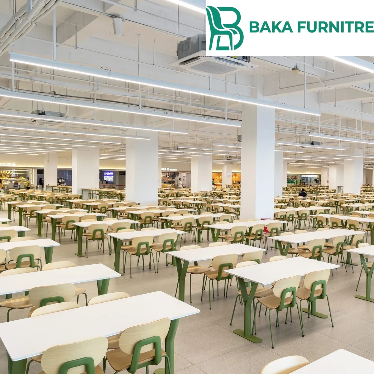 Green-frame dining chairs and coordinated tables in a flexible large-scale cafeteria, project view 8