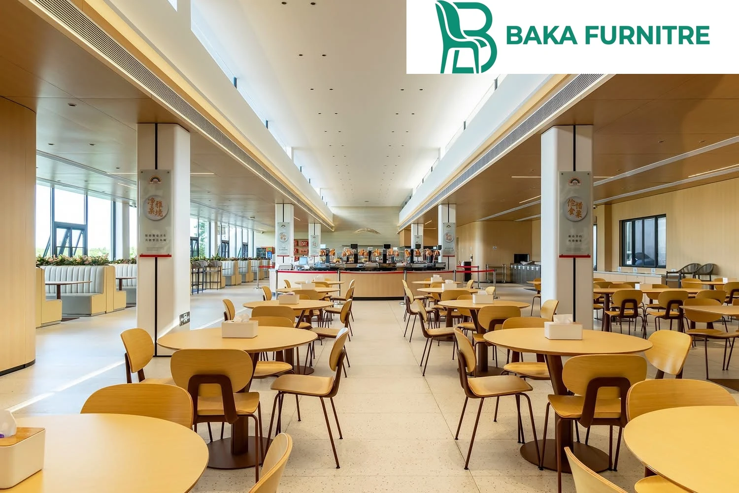 Warm timber chairs and slim pedestal tables in a minimalist commercial dining space, project view 2