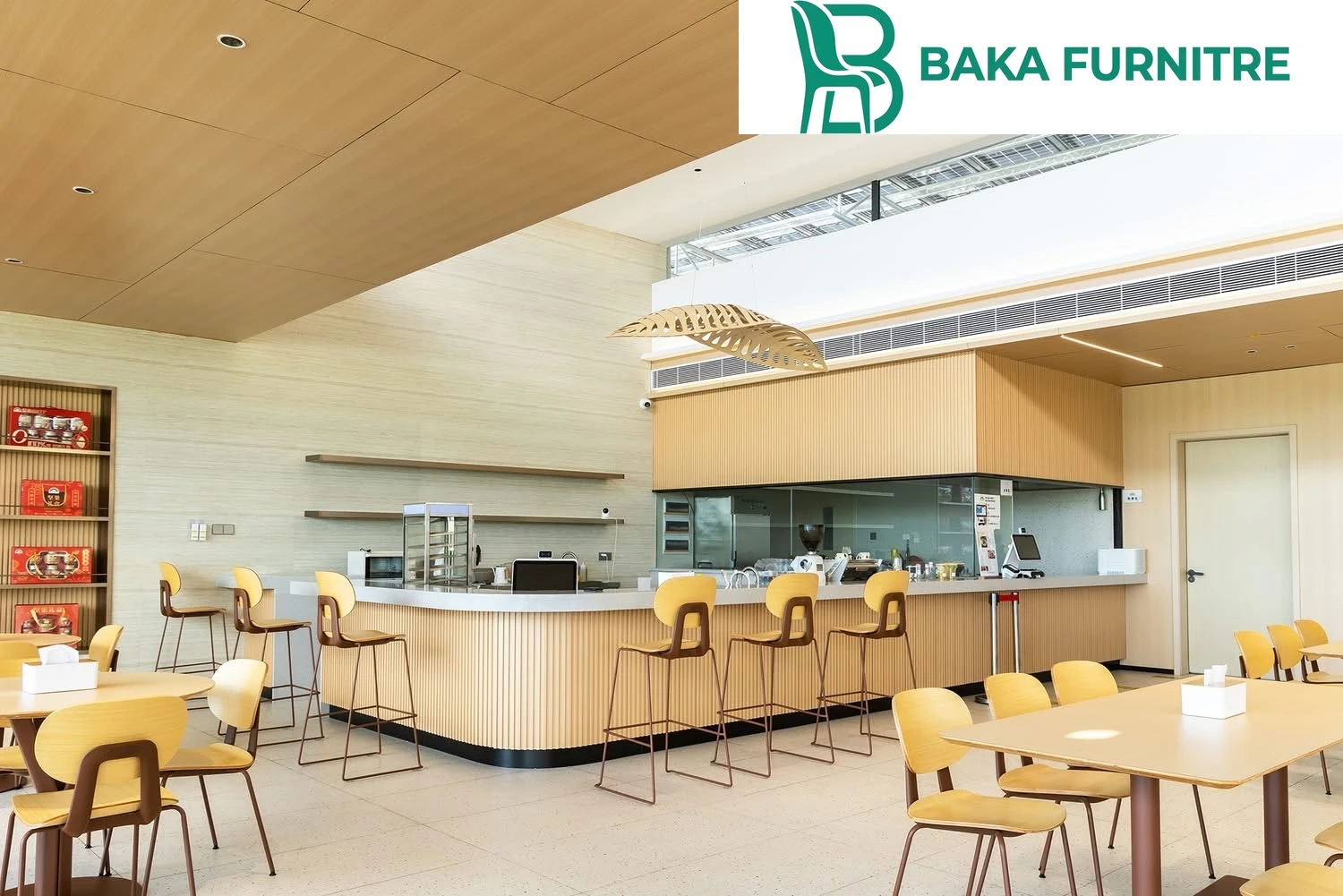 Warm timber chairs and slim pedestal tables in a minimalist commercial dining space, project view 4