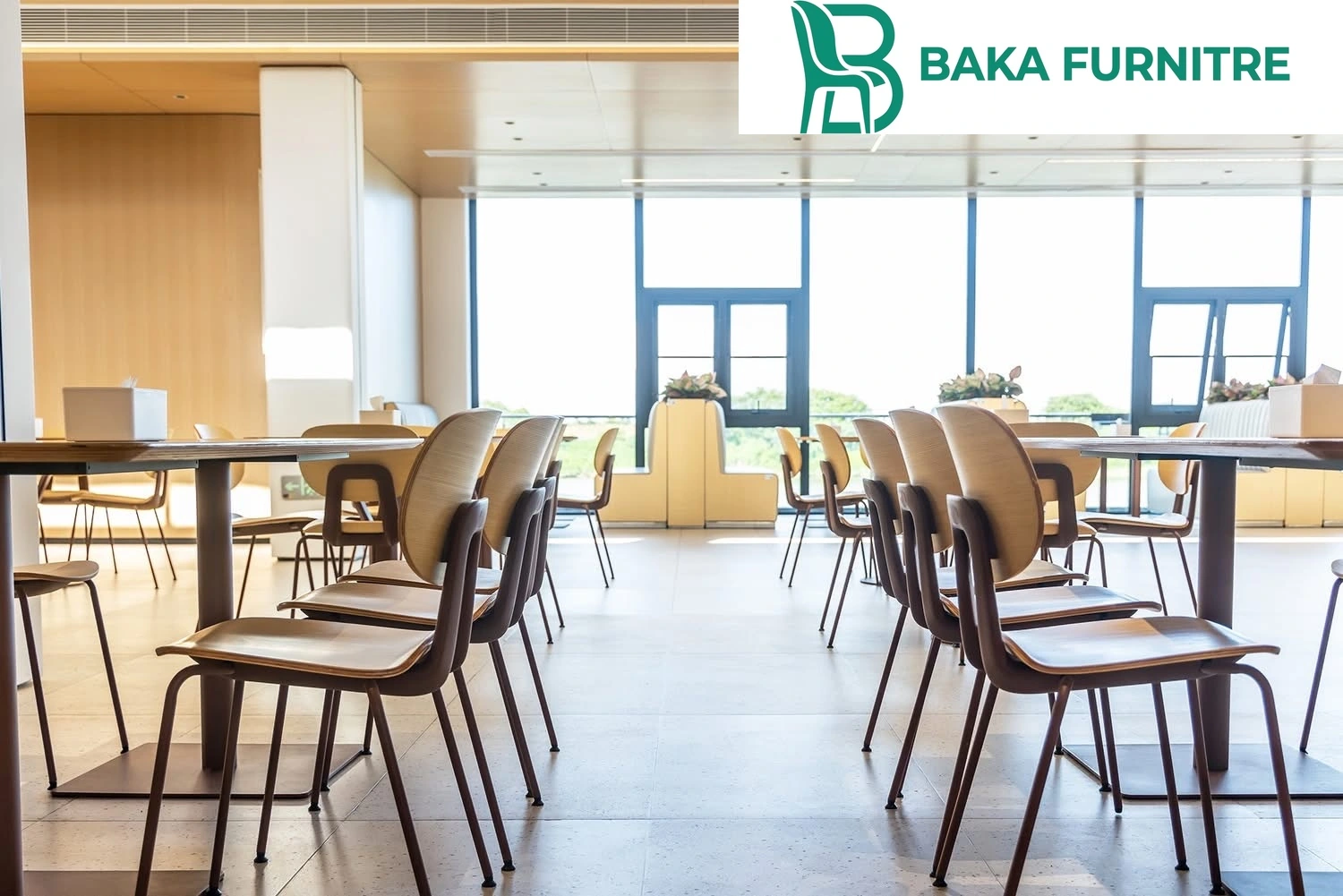 Warm timber chairs and slim pedestal tables in a minimalist commercial dining space, project view 5