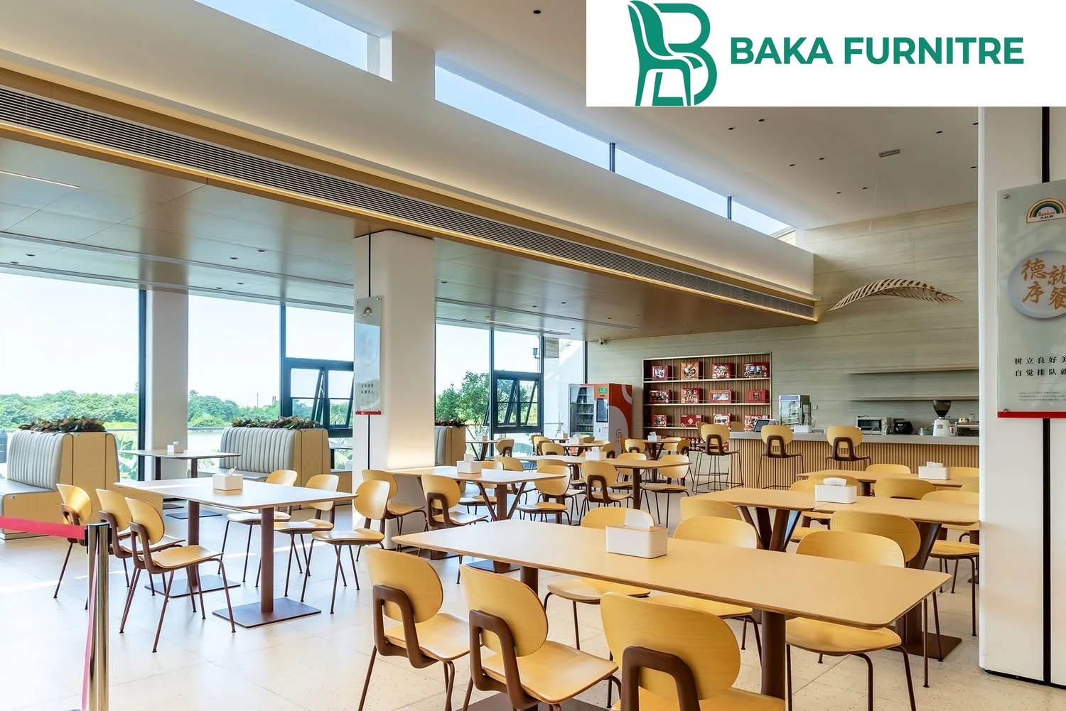 Warm timber chairs and slim pedestal tables in a minimalist commercial dining space, project view 6