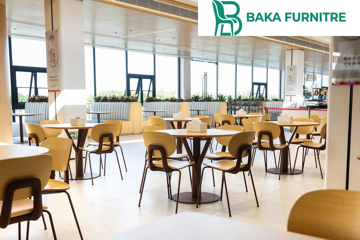 Warm timber chairs and slim pedestal tables in a minimalist commercial dining space, project view 9