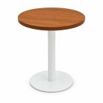 Round Wood-Look Top White Pedestal Outdoor Bistro Table - front view - ODT-094