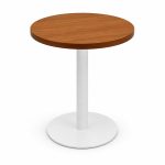 Round Wood-Look Top White Pedestal Outdoor Bistro Table - left angle view - ODT-094