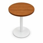 Round Wood-Look Top White Pedestal Outdoor Bistro Table - right angle view - ODT-094