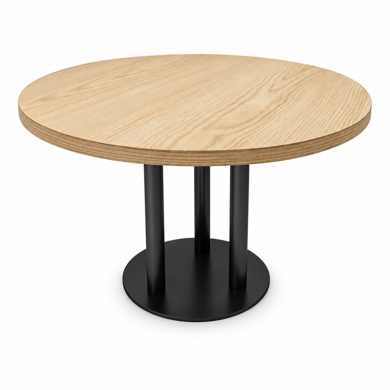Round Light-Wood Top Black Multi-Column Outdoor Dining Table
