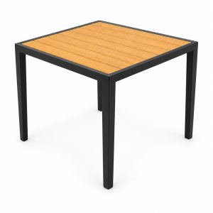 Square Wood-Slat Top Black Metal Outdoor Dining Table - front view - ODT-096