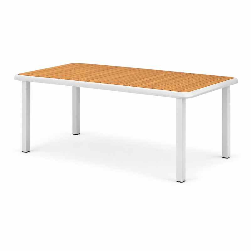 Rectangular Wood-Slat Top White Frame Outdoor Dining Table