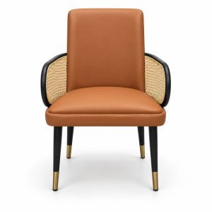 JYX-024 Tan Upholstered Cane-Side Dining Armchair front view