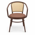 JYX-025 Brown Cane-Back Upholstered Dining Armchair front view