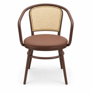 JYX-025 Brown Cane-Back Upholstered Dining Armchair front view