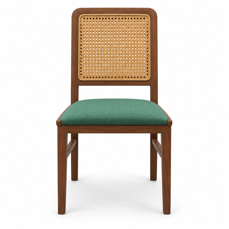 JYX-027 Green Seat Rectangular Cane-Back Dining Chair